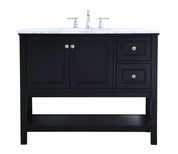 Create a refined and relaxing bath space with this contemporary design vanity, presenting its simplicity and clean straight lines in a minimalist appeal. The 42" black vanity, crafted of solid poplar wood, provides ample storage within its 2 soft-close drawers and double doors, all equipped with soft-closing mechanism and accentuated with gleaming chrome hardware. Rounding out the design is a luxurious Itallian Carrara white marble counter top and a white porcelain under-mount oval sink Collection: Metropolis Rooms: bathroom Finish: Black Width: 22.00" Height: 33.75" Length: 42.00" Weight: 146.00 lb Material: wood, metal, ceramic Country of Origin: Vietnam Manufacturer Warranty: 1 year limited Spec Sheet