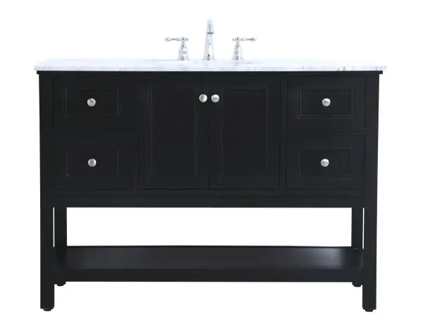 Create a refined and relaxing bath space with this contemporary design vanity, presenting its simplicity and clean straight lines in a minimalist appeal. This 48" freestanding vanity, crafted of solid poplar wood in a black finish, provides ample storage within its double center doors and 4 side drawers, all equipped with soft closing mechanism and accentuated with gleaming chrome hardware. Rounding out the design is a luxurious Itallian Carrara white marble countertop and white porcelain under-mount oval sink. Collection: Metropolis Rooms: bathroom Finish: Black Width: 22.00" Height: 33.75" Length: 48.00" Weight: 175.00 lb Material: wood, metal, ceramic Country of Origin: Vietnam Manufacturer Warranty: 1 year limited Spec Sheet