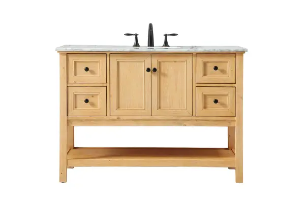 Clean lines and classic form can truly add a fresh look to your bathroom or powder room. This vanity, complemented by round hardware, will surely charm you with its confident style and subtle charisma. This vanity can store all of your bathroom toiletries, from extra towels to make up essentials. The vanity is crowned with carrara white marble and includes a porcelain undermount sink--adding both function and form that will truly amaze. Collection: Metropolis Rooms: bathroom Finish: natural wood Width: 22.00" Height: 34.00" Length: 48.00" Weight: 180.00 lb Material: Solid wood and MDF Country of Origin: Vietnam Manufacturer Warranty: 1 year limited