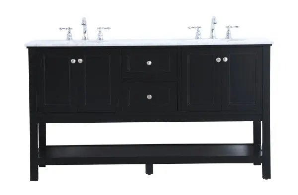 Create a refined and relaxing bath space with this contemporary design vanity, presenting its simplicity and clean straight lines in a minimalist appeal. This 48" freestanding vanity, crafted of solid poplar wood in black finish, provides ample storage within its double center drawers and 4 side doors, all equipped with soft closing mechanism and accentuated with gleaming chrome hardware. Rounding out the design is a luxurious Itallian Carrara white marble countertop and double white porcelain under-mount oval sink. Collection: Metropolis Rooms: bathroom Finish: Black Width: 22.00" Height: 33.75" Length: 60.00" Weight: 199.00 lb Material: wood, metal, ceramic Country of Origin: Vietnam Manufacturer Warranty: 1 year limited Spec Sheet