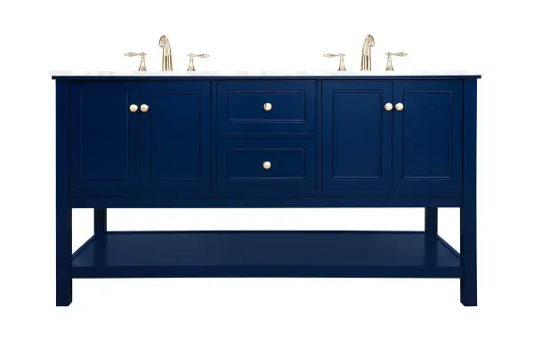 Create a refined and relaxing bath space with this contemporary design vanity, presenting its simplicity and clean straight lines in a minimalist appeal. This 60" freestanding vanity, crafted of solid poplar wood, provides ample storage within its double center drawers and 4 side doors, all equipped with soft closing mechanism and accentuated with gleaming gold hardware. Rounding out the design is a luxurious Itallian Carrara white marble countertop and double white porcelain under-mount oval sink. Collection: Metropolis Rooms: bathroom Finish: Blue Width: 22.00" Height: 34.00" Length: 60.00" Weight: 187.00 lb Material: Solid wood and MDF Country of Origin: Vietnam Manufacturer Warranty: 1 Year limited Spec Sheet