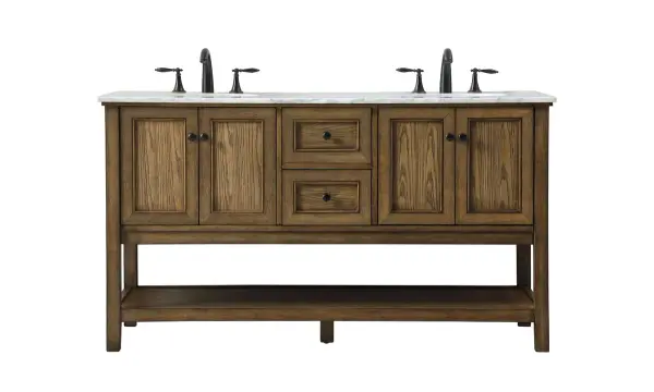 Clean lines and classic form can truly add a fresh look to your bathroom or powder room. This vanity, complemented by round hardware, will surely charm you with its confident style and subtle charisma. This vanity can store all of your bathroom toiletries, from extra towels to make up essentials. The vanity is crowned with carrara white marble and includes a porcelain undermount sink--adding both function and form that will truly amaze. Collection: Metropolis Rooms: bathroom Finish: driftwood Width: 22.00" Height: 34.00" Length: 60.00" Weight: 198.00 lb Material: Solid wood and MDF Country of Origin: Vietnam Manufacturer Warranty: 1 year limited