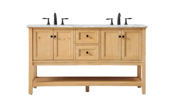 Clean lines and classic form can truly add a fresh look to your bathroom or powder room. This vanity, complemented by round hardware, will surely charm you with its confident style and subtle charisma. This vanity can store all of your bathroom toiletries, from extra towels to make up essentials. The vanity is crowned with carrara white marble and includes a porcelain undermount sink--adding both function and form that will truly amaze. Collection: Metropolis Rooms: bathroom Finish: natural wood Width: 22.00" Height: 34.00" Length: 60.00" Weight: 198.00 lb Material: Solid wood and MDF Country of Origin: Vietnam Manufacturer Warranty: 1 year limited
