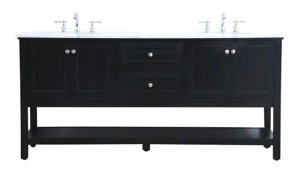 Create a refined and relaxing bath space with this contemporary design vanity, presenting its simplicity and clean straight lines in a minimalist appeal. This 60" freestanding vanity, crafted of solid poplar wood and painted in black, provides ample storage within its double center drawers and 4 side doors, all equipped with soft closing mechanism and accentuated with gleaming chrome hardware. Rounding out the design is a luxurious Itallian Carrara white marble countertop and double white porcelain under-mount oval sink. Collection: Metropolis Rooms: bathroom Finish: Black Width: 22.00" Height: 33.75" Length: 72.00" Weight: 229.00 lb Material: wood, metal, ceramic Country of Origin: Vietnam Manufacturer Warranty: 1 year limited Spec Sheet