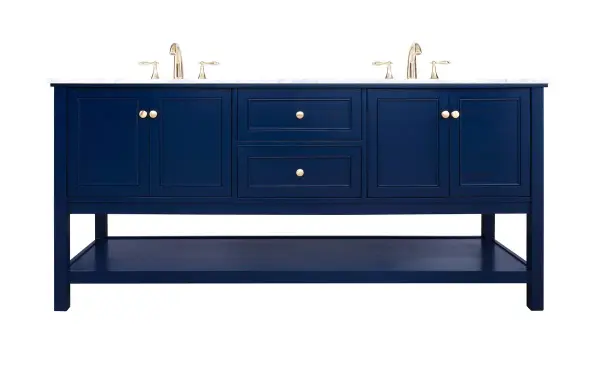 Create a refined and relaxing bath space with this contemporary design vanity, presenting its simplicity and clean straight lines in a minimalist appeal. This 72" freestanding vanity, crafted of solid poplar wood, provides ample storage within its double center drawers and 4 side doors, all equipped with soft closing mechanism and accentuated with gleaming gold hardware. Rounding out the design is a luxurious Itallian Carrara white marble countertop and double white porcelain under-mount oval sink. Collection: Metropolis Rooms: bathroom Finish: Blue Width: 22.00" Height: 34.00" Length: 72.00" Weight: 247.00 lb Material: Solid wood and MDF Country of Origin: Vietnam Manufacturer Warranty: 1 Year limited Spec Sheet