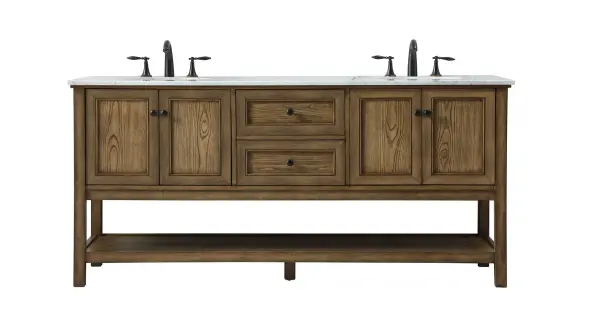 Clean lines and classic form can truly add a fresh look to your bathroom or powder room. This vanity, complemented by round hardware, will surely charm you with its confident style and subtle charisma. This vanity can store all of your bathroom toiletries, from extra towels to make up essentials. The vanity is crowned with carrara white marble and includes a porcelain undermount sink--adding both function and form that will truly amaze. Collection: Metropolis Rooms: bathroom Finish: driftwood Width: 22.00" Height: 34.00" Length: 72.00" Weight: 229.00 lb Material: Solid wood and MDF Country of Origin: Vietnam Manufacturer Warranty: 1 year limited