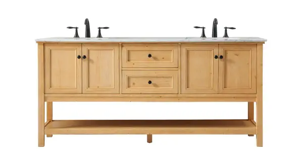 Clean lines and classic form can truly add a fresh look to your bathroom or powder room. This vanity, complemented by round hardware, will surely charm you with its confident style and subtle charisma. This vanity can store all of your bathroom toiletries, from extra towels to make up essentials. The vanity is crowned with carrara white marble and includes a porcelain undermount sink--adding both function and form that will truly amaze. Collection: Metropolis Rooms: bathroom Finish: natural wood Width: 22.00" Height: 34.00" Length: 72.00" Weight: 229.00 lb Material: Solid wood and MDF Country of Origin: Vietnam Manufacturer Warranty: 1 year limited