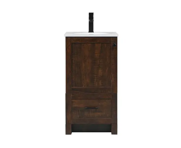 Delve into a world of minimalistic fashion and contemporary styling with this farmhouse 18" vanity. The clean faux lines anchors the weathered design. Black handle adorns the door hiding the base of the integrated porcelain sink while the bottom drawer allows you to store your bathroom necessities and toiletries. The compact size makes it the perfect vanity for any bathroom or powder room, regardless of size. Collection: Soma Rooms: bathroom Finish: expresso Width: 19.00" Height: 34.00" Length: 18.00" Weight: 65.00 lb Material: MDF Country of Origin: Vietnam Manufacturer Warranty: 1 year limited