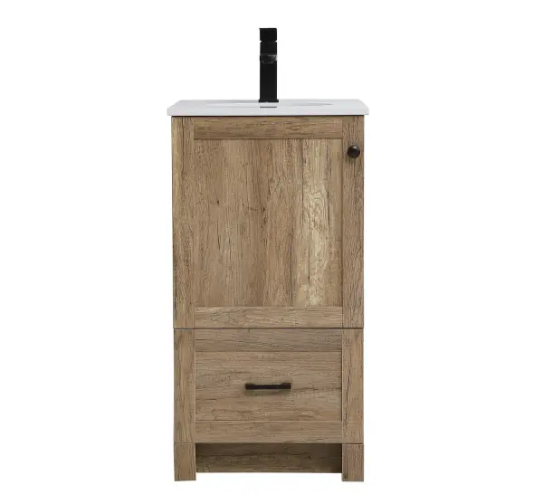 Delve into a world of minimalistic fashion and contemporary styling with this farmhouse 18" vanity. The clean faux lines anchors the weathered design. Black handle adorns the door hiding the base of the integrated porcelain sink while the bottom drawer allows you to store your bathroom necessities and toiletries. The compact size makes it the perfect vanity for any bathroom or powder room, regardless of size. Collection: Soma Rooms: Bathroom Finish: Natural Oak Width: 19.00" Height: 34.00" Length: 18.00" Weight: 60.00 lb Material: mdf, stone, metal Country of Origin: Vietnam Manufacturer Warranty: 1 year limited Spec Sheet