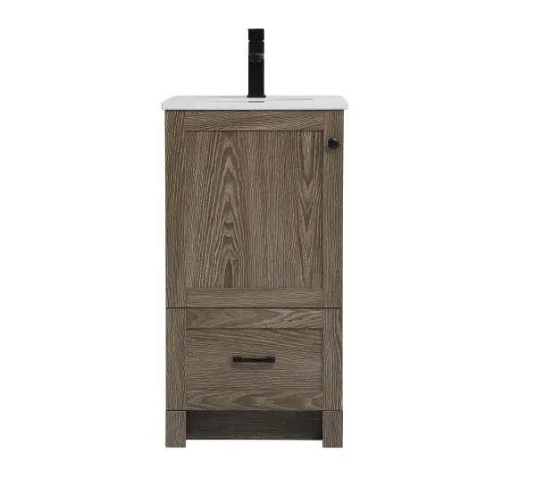 Delve into a world of minimalistic fashion and contemporary styling with this farmhouse 18" vanity. The clean faux lines anchors the weathered design. Black handle adorns the door hiding the base of the integrated porcelain sink while the bottom drawer allows you to store your bathroom necessities and toiletries. The compact size makes it the perfect vanity for any bathroom or powder room, regardless of size. Collection: Soma Rooms: Bathroom Finish: weathered oak Width: 19.00" Height: 34.00" Length: 18.00" Weight: 60.00 lb Material: mdf, stone, metal Country of Origin: Vietnam Manufacturer Warranty: 1 year limited Spec Sheet