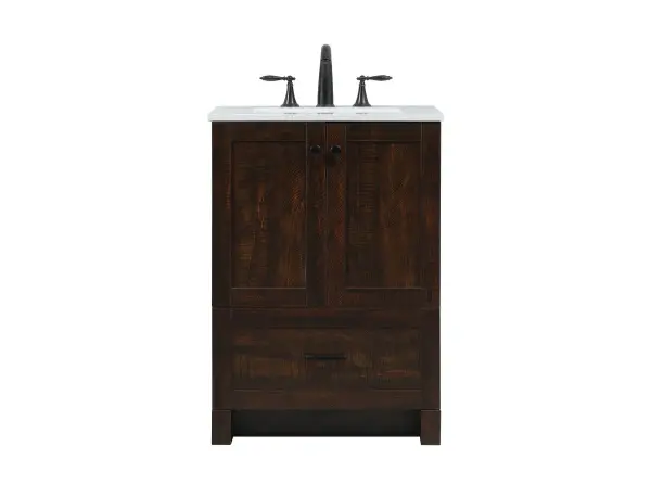 Delve into a world of minimalistic fashion and contemporary styling with this farmhouse 24" vanity. The clean faux lines anchors the weathered design. Black handle adorns the two doors hiding the base of the integrated porcelain sink while the bottom drawer allows you to store your bathroom necessities and toiletries. The compact size makes it the perfect vanity for any bathroom or powder room, regardless of size. Collection: Soma Rooms: bathroom Finish: expresso Width: 19.00" Height: 34.00" Length: 24.00" Weight: 72.00 lb Material: MDF Country of Origin: Vietnam Manufacturer Warranty: 1 year limited