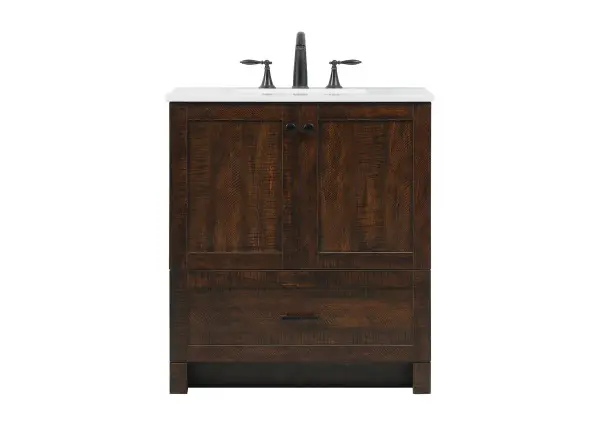 Delve into a world of minimalistic fashion and contemporary styling with this farmhouse 30" vanity. The clean faux lines anchors the weathered design. Black handle adorns the two doors hiding the base of the integrated porcelain sink while the bottom drawer allows you to store your bathroom necessities and toiletries. The compact size makes it the perfect vanity for any bathroom or powder room, regardless of size. Collection: Soma Rooms: bathroom Finish: expresso Width: 19.00" Height: 34.00" Length: 30.00" Weight: 86.00 lb Material: MDF Country of Origin: Vietnam Manufacturer Warranty: 1 year limited