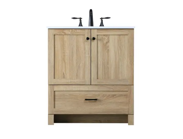 Dimensions
Length: 30"
Width: 19"
Height: 34"
Counter Top Length: 30"
Counter Top Width: 19"
Counter Top Height: 0.7"
Sink Width: 15.8"
Sink Depth: 10.9"
Sink Height: 8.25"
Sink Drain Hole Size: 1.77"
Faucet Hole Spacing: 8"3 Holes"
Specifications
Assembly Required: No
Base Material: MDF
Counter Top Edge Style: Straight
Counter Top Finish: Ivory White
Distressed Finish: NO
Drain Assembly Included: No
Faucet Included: No
Faucet Type: Widespread
Finish (Color): mango wood
Vanity Material: MDF
Hardware Finish: Black
Harware Material: Aluminum alloy
Number of Faucet Holes: 3
Number of Sinks: 1
Product Shape: Rectangle
Product Type: Bathroom Vanities
Product Warranty: 1 year limited
Sink Mounting Type: Undermount
Vanity Backsplash: NO
Vanity Mounting Type: Free-Standing
Weight: 86
Wire Included: No
Shipment type: Oversized Ground
US Shipping Cost: $142.00
Drawers
Drawers Included: YES
Number of Drawers: 1
False Drawers: NO
Drawer Width: 29.13
Drawer Depth: 14
Drawer Height: 10
Drawer Handle Designs: Bar pulls
Cabinets
Number of Cabinets: 1
Cabinet Interior Width: 27.95
Cabinet Interior Depth: 17.2
Cabinet Interior Height: 19.45