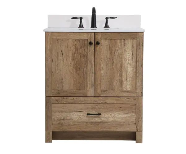 This 30-inch vanity blends farmhouse charm with contemporary minimalism. The natural oak finish and clean lines create a warm, modern aesthetic while the integrated porcelain sink and dual-door storage maximize functionality in compact spaces.