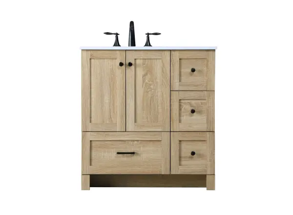 Dimensions
Length: 32"
Width: 19"
Height: 34"
Counter Top Length: 32"
Counter Top Width: 19"
Counter Top Height: 0.7"
Sink Width: 15.8"
Sink Depth: 10.9"
Sink Height: 8.25"
Sink Drain Hole Size: 1.77"
Faucet Hole Spacing: 8"3 Holes"
Specifications
Assembly Required: No
Base Material: MDF
Counter Top Edge Style: Straight
Counter Top Finish: Ivory White
Distressed Finish: NO
Drain Assembly Included: No
Faucet Included: No
Faucet Type: Widespread
Finish (Color): mango wood
Vanity Material: MDF
Hardware Finish: Black
Harware Material: Aluminum alloy
Number of Faucet Holes: 3
Number of Sinks: 1
Product Shape: Rectangle
Product Type: Bathroom Vanities
Product Warranty: 1 year limited
Sink Mounting Type: Undermount
Vanity Backsplash: NO
Vanity Mounting Type: Free-Standing
Weight: 90
Wire Included: No
Shipment type: LTL
US Shipping Cost: $145.00
Drawers
Drawers Included: YES
Number of Drawers: 4
False Drawers: NO
Drawer Width: DW1:20.79
DW2ï¼†DW3:10.35
Drawer Depth: 14
Drawer Height: DW1ï¼†DW3:10
DW2:9.61
Drawer Handle Designs: DW1:Bar pulls
DW2ï¼†DW3:Knob
Cabinets
Number of Cabinets: 1
Cabinet Interior Width: 19.61
Cabinet Interior Depth: 17.2
Cabinet Interior Height: 19.45