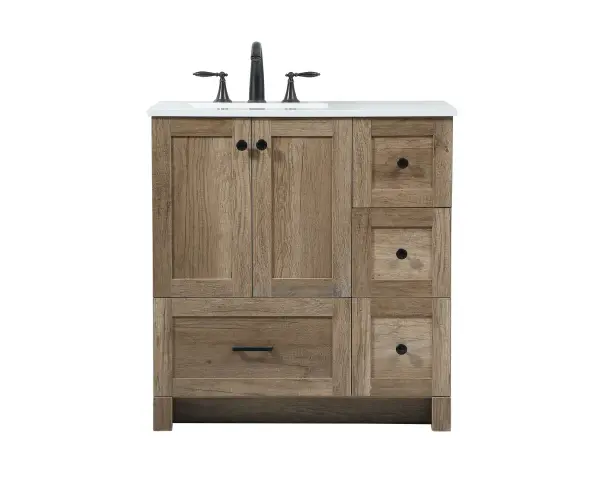 Delve into a world of minimalistic fashion and contemporary styling with this farmhouse 32" vanity. The clean faux lines anchors the weathered design. Black handle adorns the two doors hiding the base of the integrated porcelain sink while the bottom drawer and side drawers allow you to store your bathroom necessities and toiletries. The compact size makes it the perfect vanity for any bathroom or powder room, regardless of size. Collection: Soma Rooms: bathroom Finish: natural oak Width: 19.00" Height: 34.00" Length: 32.00" Weight: 90.00 lb Material: MDF Country of Origin: Vietnam Manufacturer Warranty: 1 year limited
