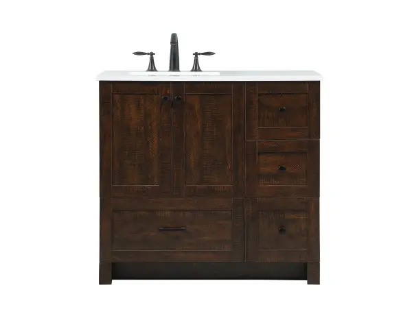 Delve into a world of minimalistic fashion and contemporary styling with this farmhouse 36" vanity. The clean faux lines anchors the weathered design. Black handle adorns the two doors hiding the base of the integrated porcelain sink while the bottom drawer and side drawers allow you to store your bathroom necessities and toiletries. It is the perfect vanity for any bathroom or powder room, regardless of size. Collection: Soma Rooms: bathroom Finish: expresso Width: 19.00" Height: 34.00" Length: 36.00" Weight: 123.00 lb Material: MDF Country of Origin: Vietnam Manufacturer Warranty: 1 year limited