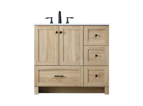 Dimensions
Length: 36"
Width: 19"
Height: 34"
Counter Top Length: 36"
Counter Top Width: 19"
Counter Top Height: 0.7"
Sink Width: 15.8"
Sink Depth: 10.9"
Sink Height: 8.25"
Sink Drain Hole Size: 1.77"
Faucet Hole Spacing: 8"3 Holes"
Specifications
Assembly Required: No
Base Material: MDF
Counter Top Edge Style: Straight
Counter Top Finish: Ivory White
Distressed Finish: NO
Drain Assembly Included: No
Faucet Included: No
Faucet Type: Widespread
Finish (Color): mango wood
Vanity Material: MDF
Hardware Finish: Black
Harware Material: Aluminum alloy
Number of Faucet Holes: 3
Number of Sinks: 1
Product Shape: Rectangle
Product Type: Bathroom Vanities
Product Warranty: 1 year limited
Sink Mounting Type: Undermount
Vanity Backsplash: NO
Vanity Mounting Type: Free-Standing
Weight: 123
Wire Included: No
Shipment type: LTL
US Shipping Cost: $159.00
Drawers
Drawers Included: YES
Number of Drawers: 4
False Drawers: NO
Drawer Width: DW1:23.23
DW2ï¼†DW3:11.93
Drawer Depth: 14
Drawer Height: DW1ï¼†DW3:10
DW2:9.61
Drawer Handle Designs: DW1:Bar pulls
DW2ï¼†DW3:Knob
Cabinets
Number of Cabinets: 1
Cabinet Interior Width: 22.05
Cabinet Interior Depth: 17.2
Cabinet Interior Height: 19.45