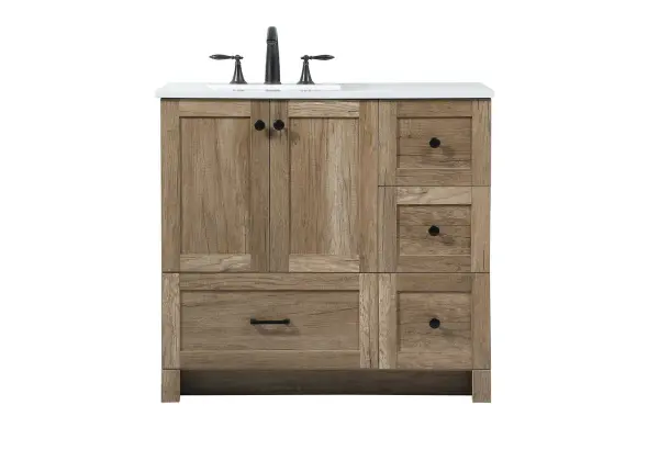 Delve into a world of minimalistic fashion and contemporary styling with this farmhouse 36" vanity. The clean faux lines anchors the weathered design. Black handle adorns the two doors hiding the base of the integrated porcelain sink while the bottom drawer and side drawers allow you to store your bathroom necessities and toiletries. It is the perfect vanity for any bathroom or powder room, regardless of size. Collection: Soma Rooms: bathroom Finish: natural oak Width: 19.00" Height: 34.00" Length: 36.00" Weight: 123.00 lb Material: MDF Country of Origin: Vietnam Manufacturer Warranty: 1 year limited