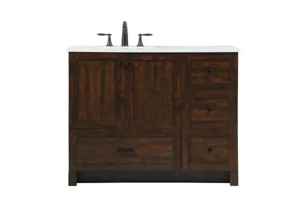 Delve into a world of minimalistic fashion and contemporary styling with this farmhouse 42" vanity. The clean faux lines anchors the weathered design. Black handle adorns the two doors hiding the base of the integrated porcelain sink while the bottom drawer and side drawers allow you to store your bathroom necessities and toiletries. It is the perfect vanity for any bathroom, regardless of size. Collection: Soma Rooms: bathroom Finish: expresso Width: 19.00" Height: 34.00" Length: 42.00" Weight: 138.00 lb Material: MDF Country of Origin: Vietnam Manufacturer Warranty: 1 year limited