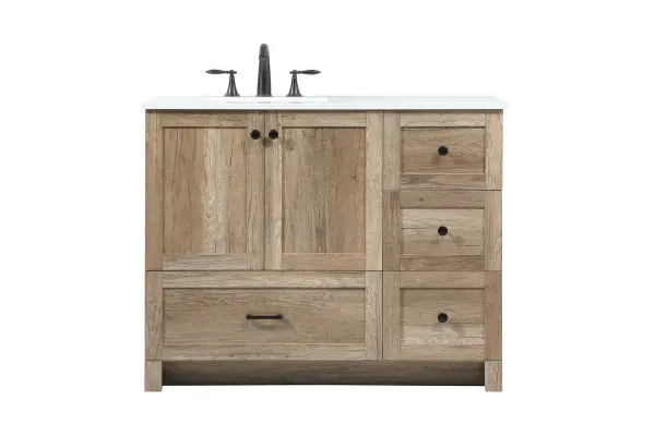 Delve into a world of minimalistic fashion and contemporary styling with this farmhouse 42" vanity. The clean faux lines anchors the weathered design. Black handle adorns the two doors hiding the base of the integrated porcelain sink while the bottom drawer and side drawers allow you to store your bathroom necessities and toiletries. It is the perfect vanity for any bathroom, regardless of size. Collection: Soma Rooms: bathroom Finish: natural oak Width: 19.00" Height: 34.00" Length: 42.00" Weight: 138.00 lb Material: MDF Country of Origin: Vietnam Manufacturer Warranty: 1 year limited