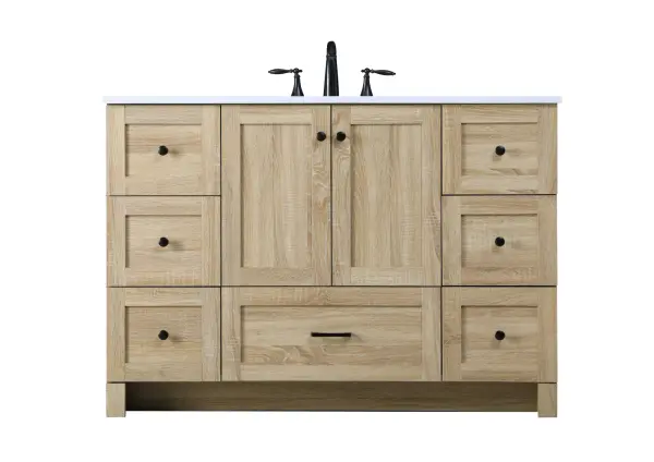 Dimensions
Length: 48"
Width: 19"
Height: 34"
Counter Top Length: 48"
Counter Top Width: 19"
Counter Top Height: 0.7"
Sink Width: 15.8"
Sink Depth: 10.9"
Sink Height: 8.25"
Sink Drain Hole Size: 1.77"
Faucet Hole Spacing: 8"3 Holes"
Specifications
Assembly Required: No
Base Material: MDF
Counter Top Edge Style: Straight
Counter Top Finish: Ivory White
Distressed Finish: NO
Drain Assembly Included: No
Faucet Included: No
Faucet Type: Widespread
Finish (Color): mango wood
Vanity Material: MDF
Hardware Finish: Black
Harware Material: Aluminum alloy
Number of Faucet Holes: 3
Number of Sinks: 1
Product Shape: Rectangle
Product Type: Bathroom Vanities
Product Warranty: 1 year limited
Sink Mounting Type: Undermount
Vanity Backsplash: NO
Vanity Mounting Type: Free-Standing
Weight: 165
Wire Included: No
Shipment type: LTL
US Shipping Cost: $204.00
Drawers
Drawers Included: YES
Number of Drawers: 7
False Drawers: NO
Drawer Width: DW1:23.23
DW2ï¼†DW3:11.93
Drawer Depth: 14
Drawer Height: DW1ï¼†DW3ï¼†DW5:10
DW2ï¼†DW4:9.61
Drawer Handle Designs: DW1:Bar pulls
DW2ï¼†DW3ï¼†DW4ï¼†DW5:Knob
Cabinets
Number of Cabinets: 1
Cabinet Interior Width: 23.39
Cabinet Interior Depth: 17.2
Cabinet Interior Height: 19.45