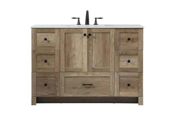 Delve into a world of minimalistic fashion and contemporary styling with this farmhouse 48" vanity. The clean faux lines anchors the weathered design. Black handle adorns the two doors hiding the base of the integrated porcelain sink while the bottom drawer and side drawers allow you to store your bathroom necessities and toiletries. It is the perfect vanity for any bathroom, regardless of size. Collection: Soma Rooms: bathroom Finish: natural oak Width: 19.00" Height: 34.00" Length: 48.00" Weight: 165.00 lb Material: MDF Country of Origin: Vietnam Manufacturer Warranty: 1 year limited