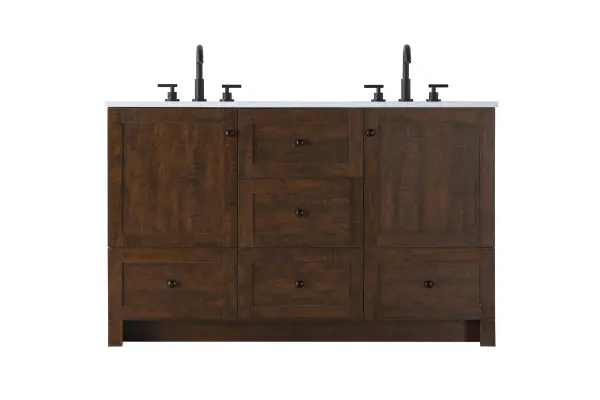 Dimensions
Length: 54"
Width: 19"
Height: 34"
Counter Top Length: 54"
Counter Top Width: 19"
Counter Top Height: 0.7"
Sink Width: 15.8"
Sink Depth: 10.9"
Sink Height: 8.25"
Sink Drain Hole Size: 1.77"
Faucet Hole Spacing: 8"3 Holes"
Specifications
Assembly Required: No
Base Material: MDF
Counter Top Edge Style: Straight
Counter Top Finish: Ivory White
Distressed Finish: No
Drain Assembly Included: NO
Faucet Included: NO
Faucet Type: Widespread
Finish (Color): Expresso
Vanity Material: MDF
Hardware Finish: Black
Harware Material: Aluminum alloy
Number of Faucet Holes: 6
Number of Sinks: 2
Product Shape: Rectangle
Product Type: Bathroom Vanities
Product Warranty: 1 year limited
Sink Mounting Type: Undermount
Vanity Backsplash: NO
Vanity Mounting Type: Free-Standing
206
Wire Included: No
Shipment type: LTL
US Shipping Cost: $228.00
Drawers
Drawers Included: Yes
Number of Drawers: 5
False Drawers: NO
Drawer Width: DW1:16.54
DW2:18.23
DW3:16.54
Drawer Depth: DW1:14
DW2:14
DW3:14
Drawer Height: DW1:9.57
DW2:10
DW3:10
Drawer Handle Designs: DW1&DW3:Knob
DW2:Bar pulls
Cabinets
Number of Cabinets: 2
Cabinet Interior Width: 17.05
Cabinet Interior Depth: 17.2
Cabinet Interior Height: 19.45
