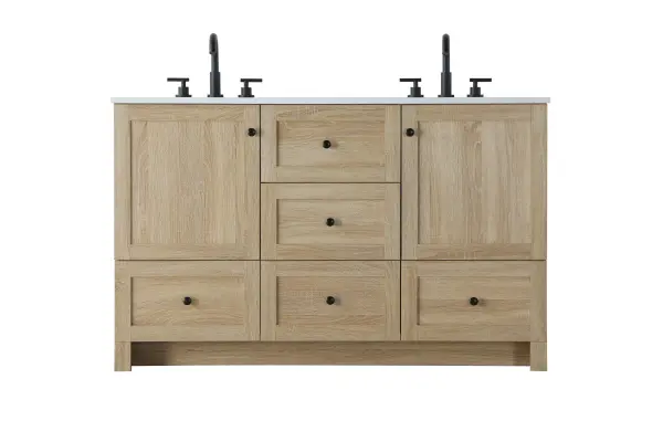 Dimensions
Length: 54"
Width: 19"
Height: 34"
Counter Top Length: 54"
Counter Top Width: 19"
Counter Top Height: 0.7"
Sink Width: 15.8"
Sink Depth: 10.9"
Sink Height: 8.25"
Sink Drain Hole Size: 1.77"
Faucet Hole Spacing: 8"3 Holes"
Specifications
Assembly Required: No
Base Material: MDF
Counter Top Edge Style: Straight
Counter Top Finish: Ivory White
Distressed Finish: No
Drain Assembly Included: NO
Faucet Included: NO
Faucet Type: Widespread
Finish (Color): mango wood
Vanity Material: MDF
Hardware Finish: Black
Harware Material: Aluminum alloy
Number of Faucet Holes: 6
Number of Sinks: 2
Product Shape: Rectangle
Product Type: Bathroom Vanities
Product Warranty: 1 year limited
Sink Mounting Type: Undermount
Vanity Backsplash: NO
Vanity Mounting Type: Free-Standing
206
Wire Included: No
Shipment type: LTL
US Shipping Cost: $228.00
Drawers
Drawers Included: Yes
Number of Drawers: 5
False Drawers: NO
Drawer Width: DW1:16.54
DW2:18.23
DW3:16.54
Drawer Depth: DW1:14
DW2:14
DW3:14
Drawer Height: DW1:9.57
DW2:10
DW3:10
Drawer Handle Designs: DW1&DW3:Knob
DW2:Bar pulls
Cabinets
Number of Cabinets: 2
Cabinet Interior Width: 17.05
Cabinet Interior Depth: 17.2
Cabinet Interior Height: 19.45