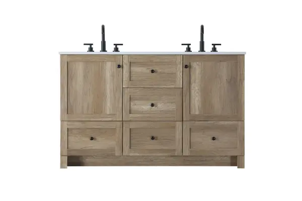 Dimensions
Length: 54"
Width: 19"
Height: 34"
Counter Top Length: 54"
Counter Top Width: 19"
Counter Top Height: 0.7"
Sink Width: 15.8"
Sink Depth: 10.9"
Sink Height: 8.25"
Sink Drain Hole Size: 1.77"
Faucet Hole Spacing: 8"3 Holes"
Specifications
Assembly Required: No
Base Material: MDF
Counter Top Edge Style: Straight
Counter Top Finish: Ivory White
Distressed Finish: No
Drain Assembly Included: NO
Faucet Included: NO
Faucet Type: Widespread
Finish (Color): Natural Oak
Vanity Material: MDF
Hardware Finish: Black
Harware Material: Aluminum alloy
Number of Faucet Holes: 6
Number of Sinks: 2
Product Shape: Rectangle
Product Type: Bathroom Vanities
Product Warranty: 1 year limited
Sink Mounting Type: Undermount
Vanity Backsplash: NO
Vanity Mounting Type: Free-Standing
206
Wire Included: No
Shipment type: LTL
US Shipping Cost: $228.00
Drawers
Drawers Included: Yes
Number of Drawers: 5
False Drawers: NO
Drawer Width: DW1:16.54
DW2:18.23
DW3:16.54
Drawer Depth: DW1:14
DW2:14
DW3:14
Drawer Height: DW1:9.57
DW2:10
DW3:10
Drawer Handle Designs: DW1&DW3:Knob
DW2:Bar pulls
Cabinets
Number of Cabinets: 2
Cabinet Interior Width: 17.05
Cabinet Interior Depth: 17.2
Cabinet Interior Height: 19.45