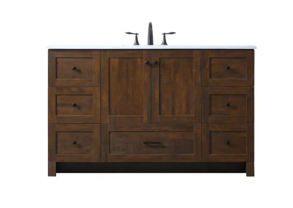 Dimensions
Length: 54"
Width: 19"
Height: 34"
Counter Top Length: 54"
Counter Top Width: 19"
Counter Top Height: 0.7"
Sink Width: 15.8"
Sink Depth: 10.9"
Sink Height: 7.875"
Sink Drain Hole Size: 1.77"
Faucet Hole Spacing: 8 inch"
Specifications
Assembly Required: NO
Counter Top Edge Style: Straight
Counter Top Finish: Ivory White
Distressed Finish: NO
Drain Assembly Included: NO
Faucet Included: NO
Finish (Color): Expresso
Vanity Material: MDF
Hardware Finish: Black
Harware Material: Aluminium alloy
Number of Faucet Holes: 3
Number of Sinks: 1
Product Shape: Rectangle
Product Type: Bathroom Vanities
Product Warranty: 1 year limited
Sink Mounting Type: Undermount
Vanity Backsplash: NO
Vanity Mounting Type: Free-Standing
Weight: 205
Wire Included: No
Shipment type: LTL
US Shipping Cost: $228.00
Drawers
Drawers Included: Yes
Number of Drawers: 7
False Drawers: NO
Drawer Width: DW1:13.43
DW2:13.43
DW3:13.43
DW4:13.43
DW5:26.14
Drawer Depth: DW1:14
DW2:14
DW3:14
DW4:14
DW5:14
Drawer Height: DW1:9.57
DW2:10
DW3:9.57
DW4:10
DW5:10
Drawer Handle Designs: DW1&DW2&DW3&DW4:Knob
DW5: Bar pulls
Cabinets
Number of Cabinets: 1
Cabinet Interior Width: 26.14
Cabinet Interior Depth: 17.2
Cabinet Interior Height: 19.45