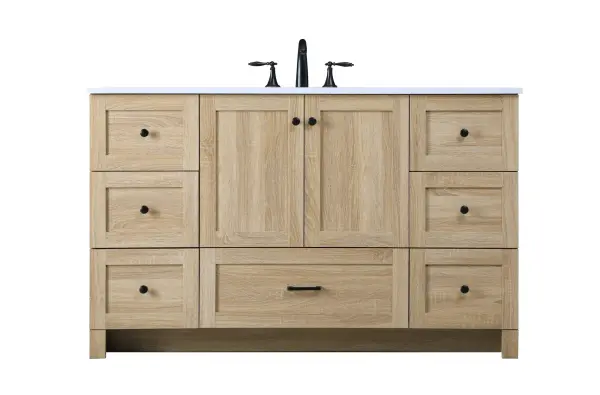 Dimensions
Length: 54"
Width: 19"
Height: 34"
Counter Top Length: 54"
Counter Top Width: 19"
Counter Top Height: 0.7"
Sink Width: 15.8"
Sink Depth: 10.9"
Sink Height: 8.25"
Sink Drain Hole Size: 1.77"
Faucet Hole Spacing: 8"3 Holes"
Specifications
Assembly Required: No
Base Material: MDF
Counter Top Edge Style: Straight
Counter Top Finish: Ivory White
Distressed Finish: NO
Drain Assembly Included: No
Faucet Included: No
Faucet Type: Widespread
Finish (Color): mango wood
Vanity Material: MDF
Hardware Finish: Black
Harware Material: Aluminum alloy
Number of Faucet Holes: 3
Number of Sinks: 1
Product Shape: Rectangle
Product Type: Bathroom Vanities
Product Warranty: 1 year limited
Sink Mounting Type: Undermount
Vanity Backsplash: NO
Vanity Mounting Type: Free-Standing
Weight: 205
Wire Included: No
Shipment type: LTL
US Shipping Cost: $228.00
Drawers
Drawers Included: Yes
Number of Drawers: 7
False Drawers: NO
Drawer Width: DW1:13.43
DW2:13.43
DW3:13.43
DW4:13.43
DW5:26.14
Drawer Depth: 14
Drawer Height: DW1:9.57
DW2:10
DW3:9.57
DW4:10
DW5:10
Drawer Handle Designs: DW1&DW2&DW3&DW4:Knob
DW5: Bar pulls
Cabinets
Number of Cabinets: 1
Cabinet Interior Width: 26.14
Cabinet Interior Depth: 17.2
Cabinet Interior Height: 19.45