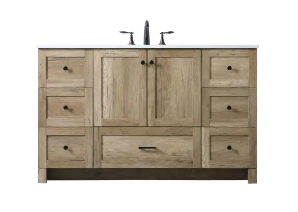 Dimensions
Length: 54"
Width: 19"
Height: 34"
Counter Top Length: 54"
Counter Top Width: 19"
Counter Top Height: 0.7"
Sink Width: 15.8"
Sink Depth: 10.9"
Sink Height: 7.875"
Sink Drain Hole Size: 1.77"
Faucet Hole Spacing: 8 inch"
Specifications
Assembly Required: NO
Counter Top Edge Style: Straight
Counter Top Finish: Ivory White
Distressed Finish: NO
Drain Assembly Included: NO
Faucet Included: NO
Finish (Color): Natural Oak
Vanity Material: MDF
Hardware Finish: Black
Harware Material: Aluminium alloy
Number of Faucet Holes: 3
Number of Sinks: 1
Product Shape: Rectangle
Product Type: Bathroom Vanities
Product Warranty: 1 year limited
Sink Mounting Type: Undermount
Vanity Backsplash: NO
Vanity Mounting Type: Free-Standing
Weight: 205
Wire Included: No
Shipment type: LTL
US Shipping Cost: $228.00
Drawers
Drawers Included: Yes
Number of Drawers: 7
False Drawers: NO
Drawer Width: DW1:13.43
DW2:13.43
DW3:13.43
DW4:13.43
DW5:26.14
Drawer Depth: DW1:14
DW2:14
DW3:14
DW4:14
DW5:14
Drawer Height: DW1:9.57
DW2:10
DW3:9.57
DW4:10
DW5:10
Drawer Handle Designs: DW1&DW2&DW3&DW4:Knob
DW5: Bar pulls
Cabinets
Number of Cabinets: 1
Cabinet Interior Width: 26.14
Cabinet Interior Depth: 17.2
Cabinet Interior Height: 19.45