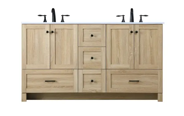 Dimensions
Length: 60"
Width: 19"
Height: 34"
Counter Top Length: 60"
Counter Top Width: 19"
Counter Top Height: 0.7"
Sink Width: 15.8"
Sink Depth: 10.9"
Sink Height: 8.25"
Sink Drain Hole Size: 1.77"
Faucet Hole Spacing: 8"3 Holes"
Specifications
Assembly Required: No
Base Material: MDF
Counter Top Edge Style: Straight
Counter Top Finish: Ivory White
Distressed Finish: NO
Drain Assembly Included: No
Faucet Included: No
Faucet Type: Widespread
Finish (Color): mango wood
Vanity Material: MDF
Hardware Finish: Black
Harware Material: Aluminum alloy
Number of Faucet Holes: 6
Number of Sinks: 2
Product Shape: Rectangle
Product Type: Bathroom Vanities
Product Warranty: 1 year limited
Sink Mounting Type: Undermount
Vanity Backsplash: NO
Vanity Mounting Type: Free-Standing
Weight: 218
Wire Included: No
Shipment type: LTL
US Shipping Cost: $251.00
Drawers
Drawers Included: Yes
Number of Drawers: 5
False Drawers: NO
Drawer Width: DW1:11.73
DW2:11.73
DW3:23.62
DW4:23.62
Drawer Depth: 14
Drawer Height: DW1:9.57
DW2:10
DW3:10
DW4:10
Drawer Handle Designs: DW1&DW2: Knob
DW3&DW4: Bar pulls
Cabinets
Number of Cabinets: 2
Cabinet Interior Width: 23.62
Cabinet Interior Depth: 17.2
Cabinet Interior Height: 19.45