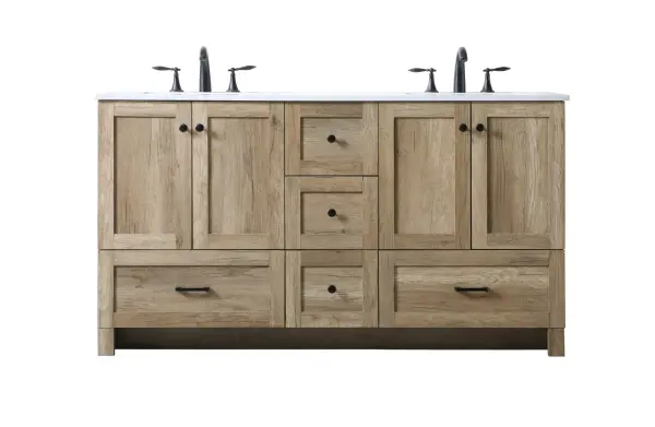Dimensions
Length: 60"
Width: 19"
Height: 34"
Counter Top Length: 60"
Counter Top Width: 19"
Counter Top Height: 0.7"
Sink Width: 15.8"
Sink Depth: 10.9"
Sink Height: 7.875"
Sink Drain Hole Size: 1.77"
Faucet Hole Spacing: 8 inch"
Specifications
Assembly Required: NO
Counter Top Edge Style: Straight
Counter Top Finish: Ivory White
Distressed Finish: NO
Drain Assembly Included: NO
Faucet Included: NO
Finish (Color): Natural Oak
Vanity Material: MDF
Hardware Finish: Black
Harware Material: Aluminium alloy
Number of Faucet Holes: 6
Number of Sinks: 2
Product Shape: Rectangle
Product Type: Bathroom Vanities
Product Warranty: 1 year limited
Sink Mounting Type: Undermount
Vanity Backsplash: NO
Vanity Mounting Type: Free-Standing
Weight: 218
Wire Included: No
Shipment type: LTL
US Shipping Cost: $251.00
Drawers
Drawers Included: Yes
Number of Drawers: 5
False Drawers: NO
Drawer Width: DW1:11.73 DW2:11.73 DW3:23.62 DW4:23.62
Drawer Depth: DW1:14 DW2:14 DW3:14 DW4:14
Drawer Height: DW1:9.57 DW2:10 DW3:10 DW4:10
Drawer Handle Designs: DW1&DW2: Knob DW3&DW4: Bar pulls
Cabinets
Number of Cabinets: 2
Cabinet Interior Width: 23.62
Cabinet Interior Depth: 17.2
Cabinet Interior Height: 19.45