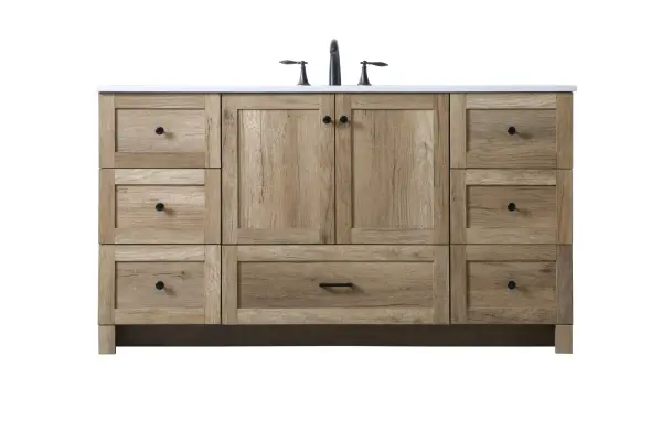 Dimensions
Length: 60"
Width: 19"
Height: 34"
Counter Top Length: 60"
Counter Top Width: 19"
Counter Top Height: 0.7"
Sink Width: 15.8"
Sink Depth: 10.9"
Sink Height: 7.875"
Sink Drain Hole Size: 1.77"
Faucet Hole Spacing: 8 inch"
Specifications
Assembly Required: NO
Counter Top Edge Style: Straight
Counter Top Finish: Ivory White
Distressed Finish: NO
Drain Assembly Included: NO
Faucet Included: NO
Finish (Color): Natural Oak
Vanity Material: MDF
Hardware Finish: Black
Harware Material: Aluminium alloy
Number of Faucet Holes: 3
Number of Sinks: 1
Product Shape: Rectangle
Product Type: Bathroom Vanities
Product Warranty: 1 year limited
Sink Mounting Type: Undermount
Vanity Backsplash: NO
Vanity Mounting Type: Free-Standing
Weight: 223
Wire Included: No
Shipment type: LTL
US Shipping Cost: $251.00
Drawers
Drawers Included: Yes
Number of Drawers: 7
False Drawers: NO
Drawer Width: DW1:15.26
DW2:15.26
DW3:15.26
DW4:15.26
DW5:28.46
Drawer Depth: DW1:14
DW2:14
DW3:14
DW4:14
DW5:14
Drawer Height: DW1:9.57
DW2:10
DW3:9.57
DW4:10
DW5:10
Drawer Handle Designs: DW1&DW2&DW3&DW4:Knob
DW5: Bar pulls
Cabinets
Number of Cabinets: 1
Cabinet Interior Width: 28.46
Cabinet Interior Depth: 17.2
Cabinet Interior Height: 19.45