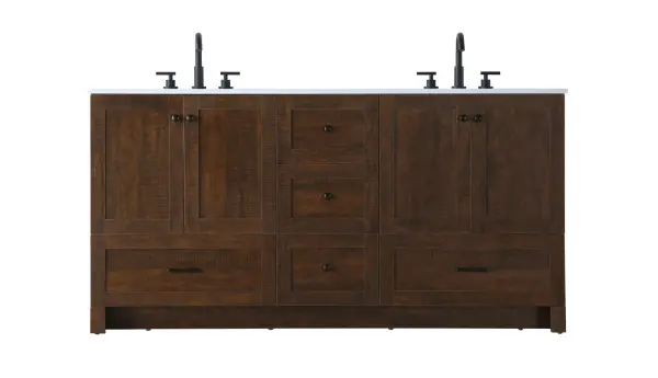 Dimensions
Length: 66"
Width: 19"
Height: 34"
Counter Top Length: 66"
Counter Top Width: 19"
Counter Top Height: 0.7"
Sink Width: 15.8"
Sink Depth: 10.9"
Sink Height: 8.25"
Sink Drain Hole Size: 1.77"
Faucet Hole Spacing: 8"3 Holes"
Specifications
Assembly Required: No
Base Material: MDF
Counter Top Edge Style: Straight
Counter Top Finish: Ivory White
Distressed Finish: No
Drain Assembly Included: NO
Faucet Included: NO
Faucet Type: Widespread
Finish (Color): Expresso
Vanity Material: MDF
Hardware Finish: Black
Harware Material: Aluminum alloy
Number of Faucet Holes: 6
Number of Sinks: 2
Product Shape: Rectangle
Product Type: Bathroom Vanities
Product Warranty: 1 year limited
Sink Mounting Type: Undermount
Vanity Backsplash: NO
Vanity Mounting Type: Free-Standing
250
Wire Included: No
Shipment type: LTL
US Shipping Cost: $258.00
Drawers
Drawers Included: Yes
Number of Drawers: 5
False Drawers: NO
Drawer Width: DW1:14.17
DW2:14.17
DW3:25.39
Drawer Depth: DW1:14
DW2:14
DW3:14
Drawer Height: DW1:9.57
DW2:10
DW3:10
Drawer Handle Designs: DW1&DW2:Knob
DW3:Bar pulls
Cabinets
Number of Cabinets: 2
Cabinet Interior Width: 24.21
Cabinet Interior Depth: 17.2
Cabinet Interior Height: 19.45