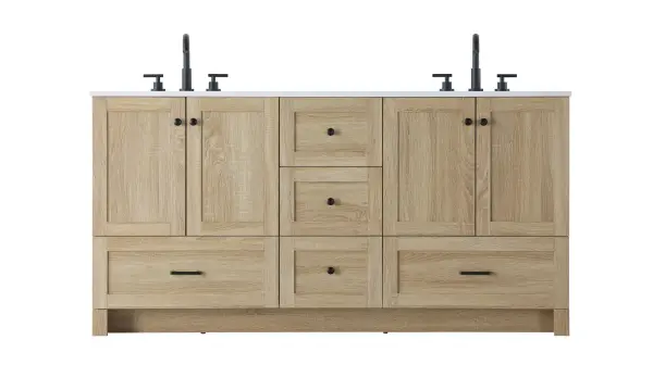 Dimensions
Length: 66"
Width: 19"
Height: 34"
Counter Top Length: 66"
Counter Top Width: 19"
Counter Top Height: 0.7"
Sink Width: 15.8"
Sink Depth: 10.9"
Sink Height: 8.25"
Sink Drain Hole Size: 1.77"
Faucet Hole Spacing: 8"3 Holes"
Specifications
Assembly Required: No
Base Material: MDF
Counter Top Edge Style: Straight
Counter Top Finish: Ivory White
Distressed Finish: No
Drain Assembly Included: NO
Faucet Included: NO
Faucet Type: Widespread
Finish (Color): mango wood
Vanity Material: MDF
Hardware Finish: Black
Harware Material: Aluminum alloy
Number of Faucet Holes: 6
Number of Sinks: 2
Product Shape: Rectangle
Product Type: Bathroom Vanities
Product Warranty: 1 year limited
Sink Mounting Type: Undermount
Vanity Backsplash: NO
Vanity Mounting Type: Free-Standing
250
Wire Included: No
Shipment type: LTL
US Shipping Cost: $258.00
Drawers
Drawers Included: Yes
Number of Drawers: 5
False Drawers: NO
Drawer Width: DW1:14.17
DW2:14.17
DW3:25.39
Drawer Depth: DW1:14
DW2:14
DW3:14
Drawer Height: DW1:9.57
DW2:10
DW3:10
Drawer Handle Designs: DW1&DW2:Knob
DW3:Bar pulls
Cabinets
Number of Cabinets: 2
Cabinet Interior Width: 24.21
Cabinet Interior Depth: 17.2
Cabinet Interior Height: 19.45