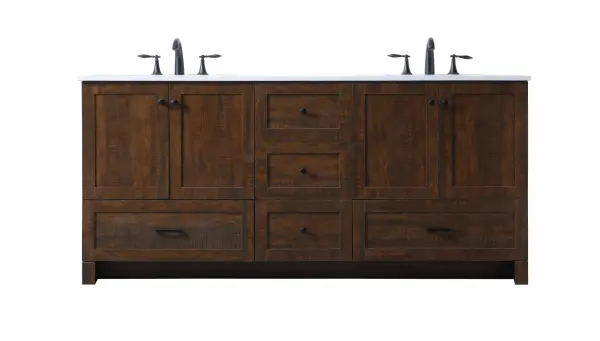 Dimensions
Length: 72"
Width: 19"
Height: 34"
Counter Top Length: 72"
Counter Top Width: 19"
Counter Top Height: 0.7"
Sink Width: 15.8"
Sink Depth: 10.9"
Sink Height: 7.875"
Sink Drain Hole Size: 1.77"
Faucet Hole Spacing: 8 inch"
Specifications
Assembly Required: NO
Counter Top Edge Style: Straight
Counter Top Finish: Ivory White
Distressed Finish: NO
Drain Assembly Included: NO
Faucet Included: NO
Finish (Color): Expresso
Vanity Material: MDF
Hardware Finish: Black
Harware Material: Aluminium alloy
Number of Faucet Holes: 6
Number of Sinks: 2
Product Shape: Rectangle
Product Type: Bathroom Vanities
Product Warranty: 1 year limited
Sink Mounting Type: Undermount
Vanity Backsplash: NO
Vanity Mounting Type: Free-Standing
Weight: 251
Wire Included: No
Shipment type: LTL
US Shipping Cost: $296.00
Drawers
Drawers Included: Yes
Number of Drawers: 5
False Drawers: NO
Drawer Width: DW1:15.71
DW2:15.71
DW3:27.64
DW4:27.64
Drawer Depth: DW1:14
DW2:14
DW3:14
DW4:14
Drawer Height: DW1:9.57
DW2:10
DW3:10
DW4:10
Drawer Handle Designs: DW1&DW2: Knob
DW3&DW4: Bar pulls
Cabinets
Number of Cabinets: 2
Cabinet Interior Width: 27.64
Cabinet Interior Depth: 17.2
Cabinet Interior Height: 19.45
