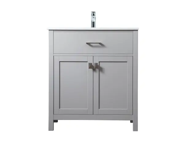Dimensions
Length: 30"
Width: 19"
Height: 34"
Counter Top Length: 30"
Counter Top Width: 19"
Counter Top Height: 0.71"
Sink Width: 15.35"
Sink Depth: 10.24"
Sink Height: 8.25"
Sink Drain Hole Size: 1.77"
Faucet Hole Spacing: 1 Hole"
Specifications
Assembly Required: NO
Counter Top Edge Style: Straight
Counter Top Finish: Calacatta white
Distressed Finish: NO
Drain Assembly Included: NO
Faucet Included: NO
Finish (Color): Grey
Vanity Material: Solid Wood and MDF
Hardware Finish: brushed nickel
Harware Material: Aluminum alloy
Number of Faucet Holes: 1
Number of Sinks: 1
Product Shape: Rectangle
Product Type: Bathroom Vanities
Product Warranty: 1 year limited
Sink Mounting Type: Undermount
Vanity Backsplash: NO
Vanity Mounting Type: Free-Standing
Weight: 90
Wire Included: No
Wood Type: Rubberwood
Shipment type: Oversized Ground
US Shipping Cost: $142.00
Drawers
Drawers Included: NO
Number of Drawers: 0
False Drawers: YES
Cabinets
Number of Cabinets: 1
Cabinet Interior Width: 26.97
Cabinet Interior Depth: 17.24
Cabinet Interior Height: 27.83
