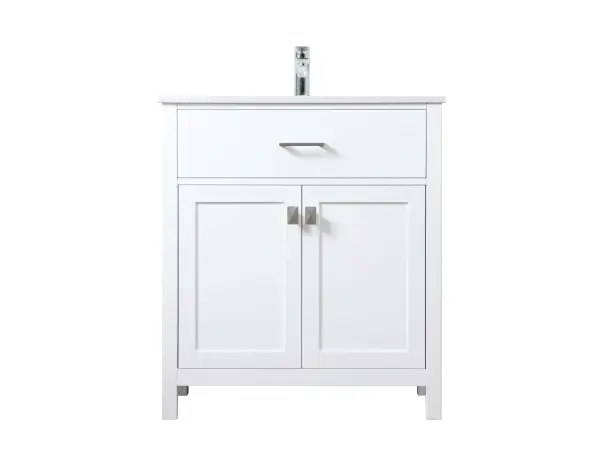 The Harrison vanity combines engineered marble sophistication with practical storage in a space-efficient 30-inch footprint. Soft-close doors, undermount sink, and open shelf design make it ideal for smaller bathrooms seeking style and function.