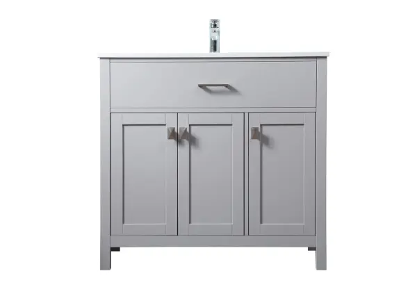 Dimensions
Length: 36"
Width: 19"
Height: 34"
Counter Top Length: 36"
Counter Top Width: 19"
Counter Top Height: 0.71"
Sink Width: 15.35"
Sink Depth: 10.24"
Sink Height: 8.25"
Sink Drain Hole Size: 1.77"
Faucet Hole Spacing: 1 Hole"
Specifications
Assembly Required: NO
Counter Top Edge Style: Straight
Counter Top Finish: Calacatta white
Distressed Finish: NO
Drain Assembly Included: NO
Faucet Included: NO
Finish (Color): Grey
Vanity Material: Solid Wood and MDF
Hardware Finish: brushed nickel
Harware Material: Aluminum alloy
Number of Faucet Holes: 1
Number of Sinks: 1
Product Shape: Rectangle
Product Type: Bathroom Vanities
Product Warranty: 1 year limited
Sink Mounting Type: Undermount
Vanity Backsplash: NO
Vanity Mounting Type: Free-Standing
Weight: 104
Wire Included: No
Wood Type: Rubberwood
Shipment type: LTL
US Shipping Cost: $159.00
Drawers
Drawers Included: NO
Number of Drawers: 0
False Drawers: YES
Cabinets
Number of Cabinets: 2
Cabinet Interior Width: 21.48,
11
Cabinet Interior Depth: 17.24
Cabinet Interior Height: 27.83