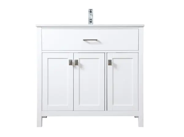 A well-designed bathroom vanity that combines clean lines with practical storage. The engineered marble top and undermount sink deliver a polished look, while soft-close cabinets and an open shelf provide versatile storage options.