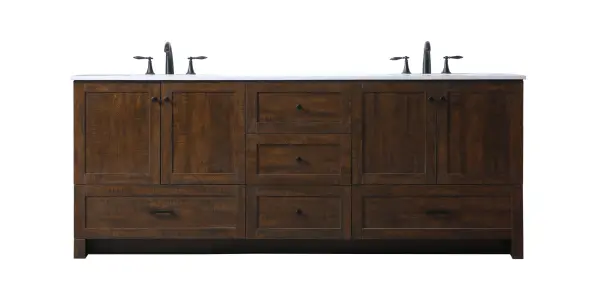 Dimensions
Length: 84"
Width: 19"
Height: 34"
Counter Top Length: 84"
Counter Top Width: 19"
Counter Top Height: 0.7"
Sink Width: 15.8"
Sink Depth: 10.9"
Sink Height: 7.875"
Sink Drain Hole Size: 1.77"
Faucet Hole Spacing: 8 inch"
Specifications
Assembly Required: NO
Counter Top Edge Style: Straight
Counter Top Finish: Ivory White
Distressed Finish: NO
Drain Assembly Included: NO
Faucet Included: NO
Finish (Color): Expresso
Vanity Material: MDF
Hardware Finish: Black
Harware Material: Aluminium alloy
Number of Faucet Holes: 6
Number of Sinks: 2
Product Shape: Rectangle
Product Type: Bathroom Vanities
Product Warranty: 1 year limited
Sink Mounting Type: Undermount
Vanity Backsplash: NO
Vanity Mounting Type: Free-Standing
Weight: 284
Wire Included: No
Shipment type: LTL
US Shipping Cost: $142.00
Drawers
Drawers Included: Yes
Number of Drawers: 5
False Drawers: NO
Drawer Width: DW1:19.84
DW2:19.84
DW3:31.57
DW4:31.57
Drawer Depth: DW1:14
DW2:14
DW3:14
DW4:14
Drawer Height: DW1:9.57
DW2:10
DW3:10
DW4:10
Drawer Handle Designs: DW1&DW2: Knob
DW3&DW4: Bar pulls
Cabinets
Number of Cabinets: 2
Cabinet Interior Width: 31.57
Cabinet Interior Depth: 17.2
Cabinet Interior Height: 19.45