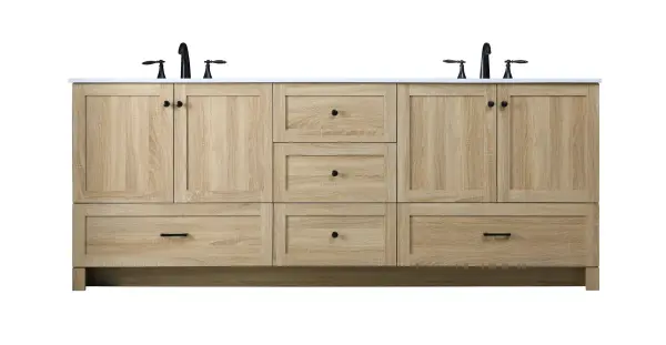 Dimensions
Length: 84"
Width: 19"
Height: 34"
Counter Top Length: 84"
Counter Top Width: 19"
Counter Top Height: 0.7"
Sink Width: 15.8"
Sink Depth: 10.9"
Sink Height: 8.25"
Sink Drain Hole Size: 1.77"
Faucet Hole Spacing: 8"3 Holes"
Specifications
Assembly Required: No
Base Material: MDF
Counter Top Edge Style: Straight
Counter Top Finish: Ivory White
Distressed Finish: NO
Drain Assembly Included: No
Faucet Included: No
Faucet Type: Widespread
Finish (Color): mango wood
Vanity Material: MDF
Hardware Finish: Black
Harware Material: Aluminum alloy
Number of Faucet Holes: 6
Number of Sinks: 2
Product Shape: Rectangle
Product Type: Bathroom Vanities
Product Warranty: 1 year limited
Sink Mounting Type: Undermount
Vanity Backsplash: NO
Vanity Mounting Type: Free-Standing
Weight: 284
Wire Included: No
Shipment type: LTL
US Shipping Cost: $142.00
Drawers
Drawers Included: Yes
Number of Drawers: 5
False Drawers: NO
Drawer Width: DW1:19.84
DW2:19.84
DW3:31.57
DW4:31.57
Drawer Depth: 14
Drawer Height: DW1:9.57
DW2:10
DW3:10
DW4:10
Drawer Handle Designs: DW1&DW2: Knob
DW3&DW4: Bar pulls
Cabinets
Number of Cabinets: 2
Cabinet Interior Width: 31.57
Cabinet Interior Depth: 17.2
Cabinet Interior Height: 19.45