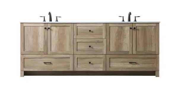 Dimensions
Length: 84"
Width: 19"
Height: 34"
Counter Top Length: 84"
Counter Top Width: 19"
Counter Top Height: 0.7"
Sink Width: 15.8"
Sink Depth: 10.9"
Sink Height: 7.875"
Sink Drain Hole Size: 1.77"
Faucet Hole Spacing: 8 inch"
Specifications
Assembly Required: NO
Counter Top Edge Style: Straight
Counter Top Finish: Ivory White
Distressed Finish: NO
Drain Assembly Included: NO
Faucet Included: NO
Finish (Color): Natural Oak
Vanity Material: MDF
Hardware Finish: Black
Harware Material: Aluminium alloy
Number of Faucet Holes: 6
Number of Sinks: 2
Product Shape: Rectangle
Product Type: Bathroom Vanities
Product Warranty: 1 year limited
Sink Mounting Type: Undermount
Vanity Backsplash: NO
Vanity Mounting Type: Free-Standing
Weight: 284
Wire Included: No
Shipment type: LTL
US Shipping Cost: $142.00
Drawers
Drawers Included: Yes
Number of Drawers: 5
False Drawers: NO
Drawer Width: DW1:19.84
DW2:19.84
DW3:31.57
DW4:31.57
Drawer Depth: DW1:14
DW2:14
DW3:14
DW4:14
Drawer Height: DW1:9.57
DW2:10
DW3:10
DW4:10
Drawer Handle Designs: DW1&DW2: Knob
DW3&DW4: Bar pulls
Cabinets
Number of Cabinets: 2
Cabinet Interior Width: 31.57
Cabinet Interior Depth: 17.2
Cabinet Interior Height: 19.45