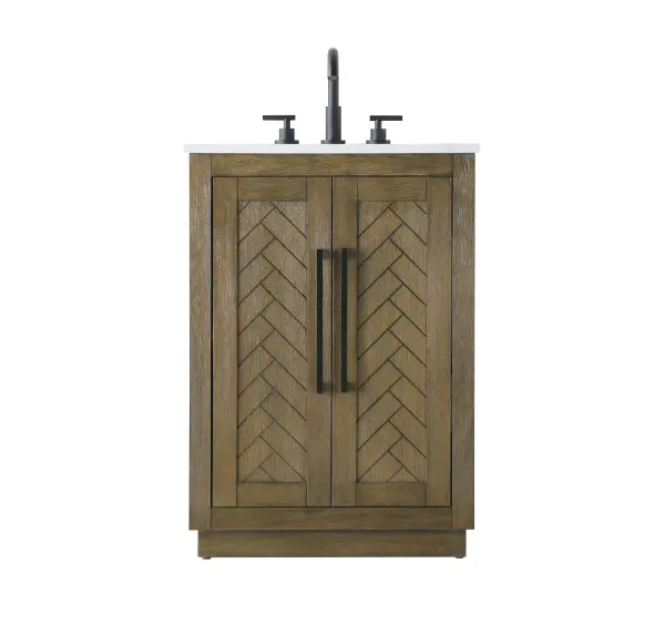 This transitional bathroom vanity offers the perfect blend of timeless style and modern functionality. Available in five refined finishes—crisp white, sleek grey, chocolate oak, honey oak, and linen oak—it complements a range of decor styles, from classic to contemporary. The stunning herringbone design on the Shaker-style door panels adds texture and craftsmanship to the piece. Topped with a white engineered marble countertop featuring subtle veining, it provides both beauty and durability. The long black metal pulls on the soft-closing doors add sleek, modern detailing. Practical features include a concealed overflow, a back panel cutout for easy plumbing installation, and a U-shaped cutout shelf to fit plumbing while maximizing storage space. With a toe kick all around the base, this vanity is thoughtfully designed to blend form and function in any bathroom setting. Collection: Chase Rooms: bathroom Finish: Hazel Oak Width: 19.00" Height: 34.00" Length: 24.00" Weight: 78.00 lb Material: Solid wood and MDF Country of Origin: Vietnam Manufacturer Warranty: 1 year limited