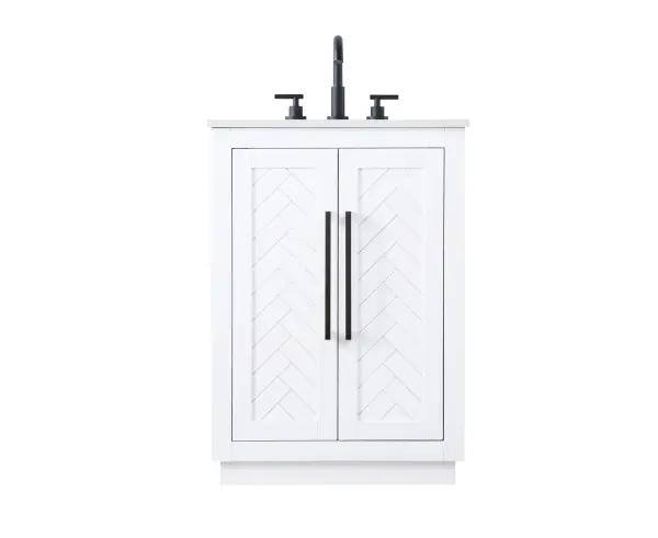 The Chase vanity combines Shaker-style craftsmanship with modern functionality in a space-efficient 24-inch footprint. The herringbone door panels and engineered marble countertop deliver upscale aesthetics, while soft-close doors and smart plumbing cutouts ensure practical daily use.