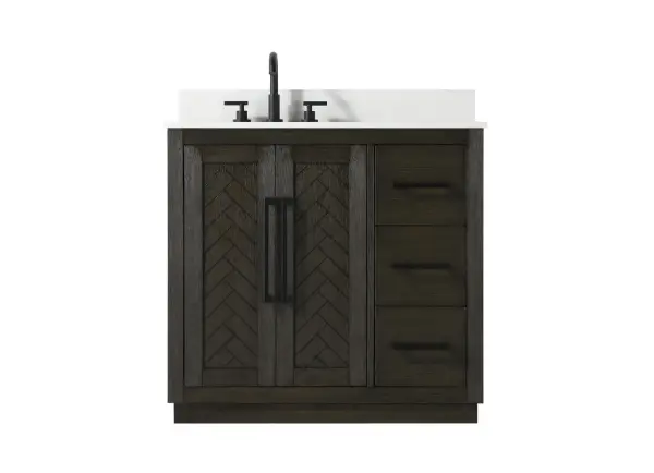 Dimensions
Length: 36"
Width: 21.5"
Height: 34"
Counter Top Length: 36"
Counter Top Width: 21.5"
Counter Top Height: 0.7"
Sink Width: 15.8"
Sink Depth: 10.9"
Sink Height: 8.25"
Sink Drain Hole Size: 1.77"
Faucet Hole Spacing: 8"3 Holes"
Specifications
Assembly Required: NO
Base Material: Solid wood and MDF
Counter Top Edge Style: Straight
Counter Top Finish: Marble white
Distressed Finish: YES
Drain Assembly Included: NO
Faucet Included: NO
Faucet Type: Widespread
Finish (Color): Chocolate Oak
Vanity Material: Solid Wood and MDF
Hardware Finish: Matte Black
Harware Material: Aluminum alloy
Number of Faucet Holes: 3
Number of Sinks: 1
Product Shape: Rectangle
Product Type: Bathroom Vanities
Product Warranty: 1 year limited
Sink Mounting Type: Undermount
Vanity Backsplash: NO
Vanity Mounting Type: Free-Standing
Weight: 152
Wire Included: No
Wood Type: Rubberwood
Shipment type: LTL
Drawers
Drawers Included: Yes
Number of Drawers: 3
False Drawers: NO
Drawer Width: 10.91
Drawer Depth: 14
Drawer Height: 8.94
Drawer Handle Designs: Bar pulls
Shelves
Number of Shelves: 1
Shelf Width: 20.6
Cabinets
Number of Cabinets: 1
Cabinet Interior Width: 20.6
Cabinet Interior Depth: 21.1
Cabinet Interior Height: 29.1
