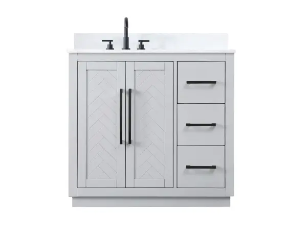 Dimensions
Length: 36"
Width: 21.5"
Height: 34"
Counter Top Length: 36"
Counter Top Width: 21.5"
Counter Top Height: 0.7"
Sink Width: 15.8"
Sink Depth: 10.9"
Sink Height: 8.25"
Sink Drain Hole Size: 1.77"
Faucet Hole Spacing: 8"3 Holes"
Specifications
Assembly Required: NO
Base Material: Solid wood and MDF
Counter Top Edge Style: Straight
Counter Top Finish: Marble white
Distressed Finish: NO
Drain Assembly Included: NO
Faucet Included: NO
Faucet Type: Widespread
Finish (Color): Grey
Vanity Material: Solid Wood and MDF
Hardware Finish: Matte Black
Harware Material: Aluminum alloy
Number of Faucet Holes: 3
Number of Sinks: 1
Product Shape: Rectangle
Product Type: Bathroom Vanities
Product Warranty: 1 year limited
Sink Mounting Type: Undermount
Vanity Backsplash: NO
Vanity Mounting Type: Free-Standing
Weight: 154
Wire Included: No
Wood Type: Rubberwood
Shipment type: LTL
Drawers
Drawers Included: Yes
Number of Drawers: 3
False Drawers: NO
Drawer Width: 10.91
Drawer Depth: 14
Drawer Height: 8.94
Drawer Handle Designs: Bar pulls
Shelves
Number of Shelves: 1
Shelf Width: 20.6
Cabinets
Number of Cabinets: 1
Cabinet Interior Width: 20.6
Cabinet Interior Depth: 21.1
Cabinet Interior Height: 29.1